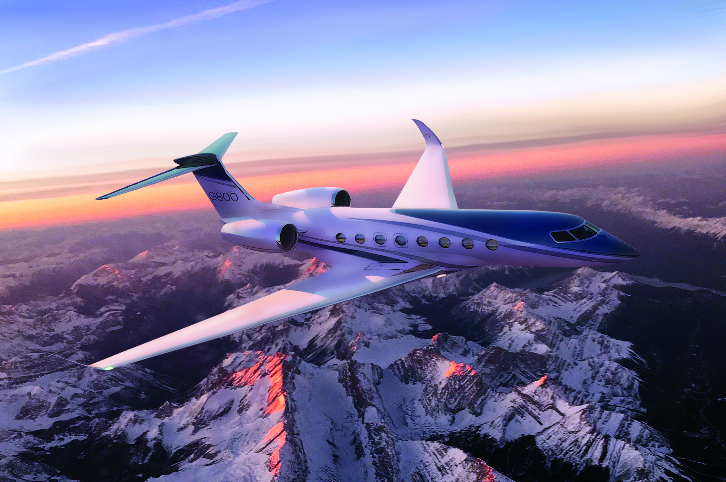 Flightpath sleek G800 private jet flying over mountains.